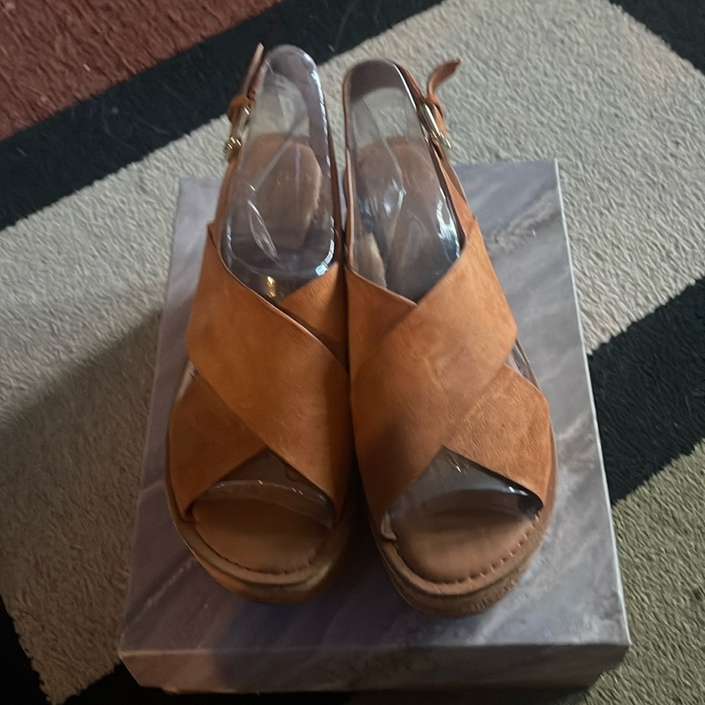 Franco Sarto Tan Suede Crisscross Wedge Sandals